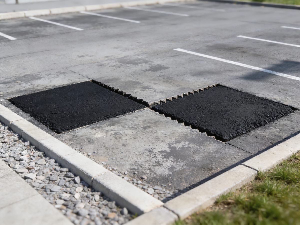 Two rectangular saw-cut patches of new black asphalt compacted flush into an older faded parking surface with clean sealed joint edges