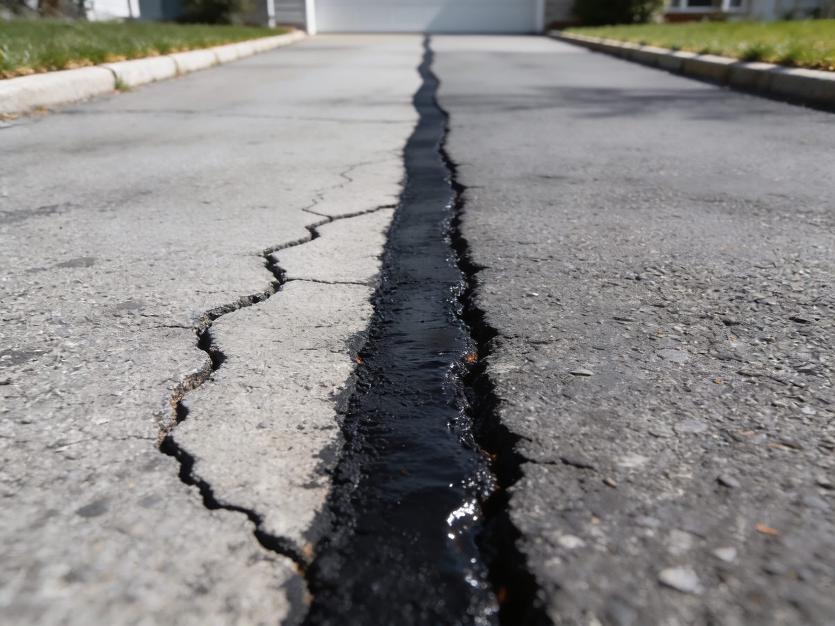 A routed crack in an asphalt driveway filled flush with hot rubber, the glossy black band running away from the camera beside an untreated crack
