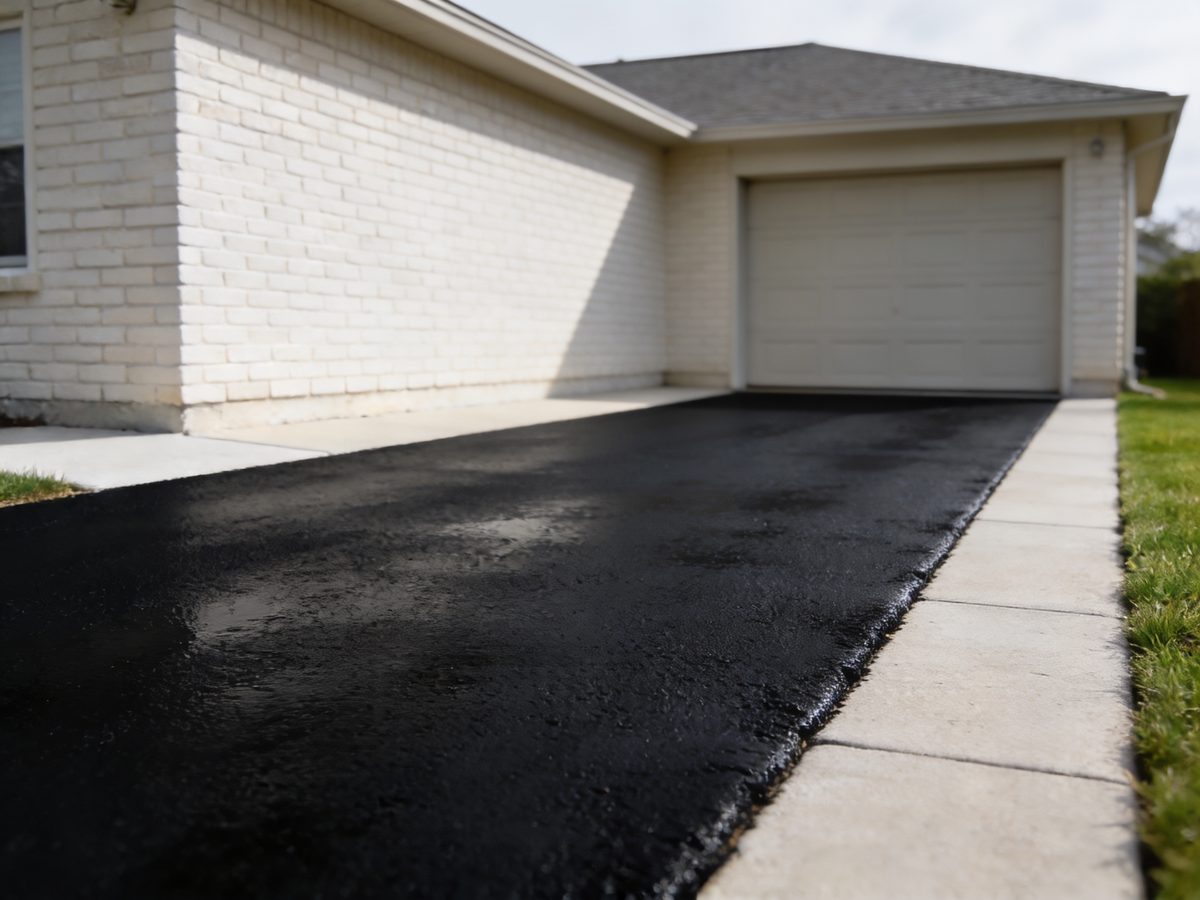 A residential asphalt driveway freshly sealcoated to a deep even black with a crisp edge against a concrete apron and lawn