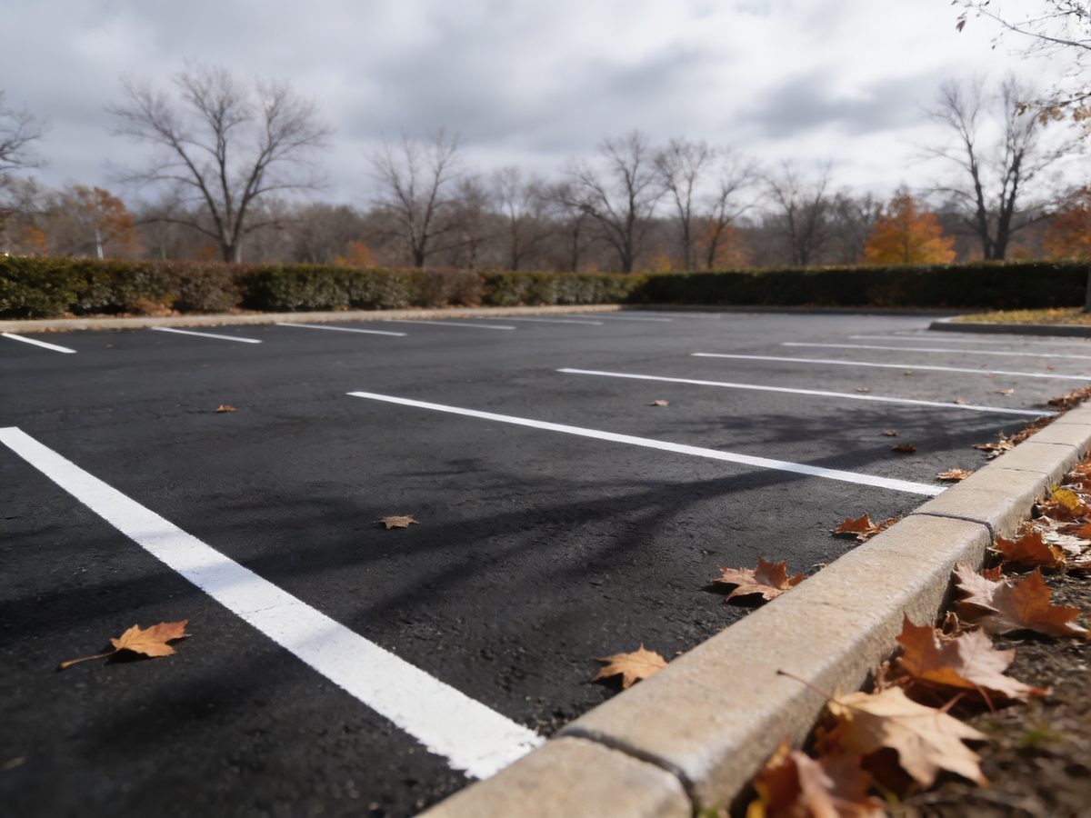A well-kept commercial parking lot in late autumn with an even dark surface, crisp white stall lines and fallen maple leaves along the kerb