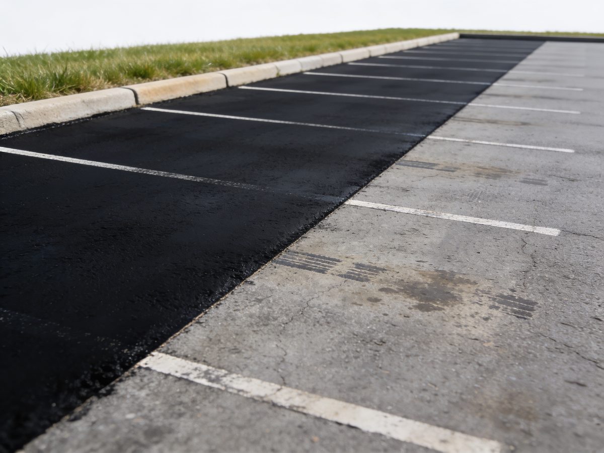 A commercial parking lot part way through sealcoating, a sharp boundary between deep new black seal coat and faded grey asphalt with old stall lines still showing